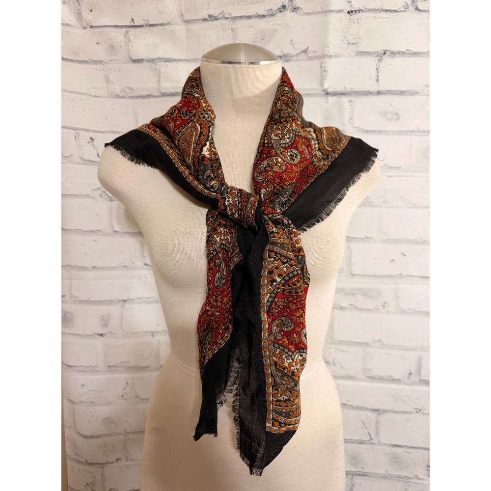 Axcess 100% Wool Paisley Scarf Square Fringe Red Orange Black Made in Japan